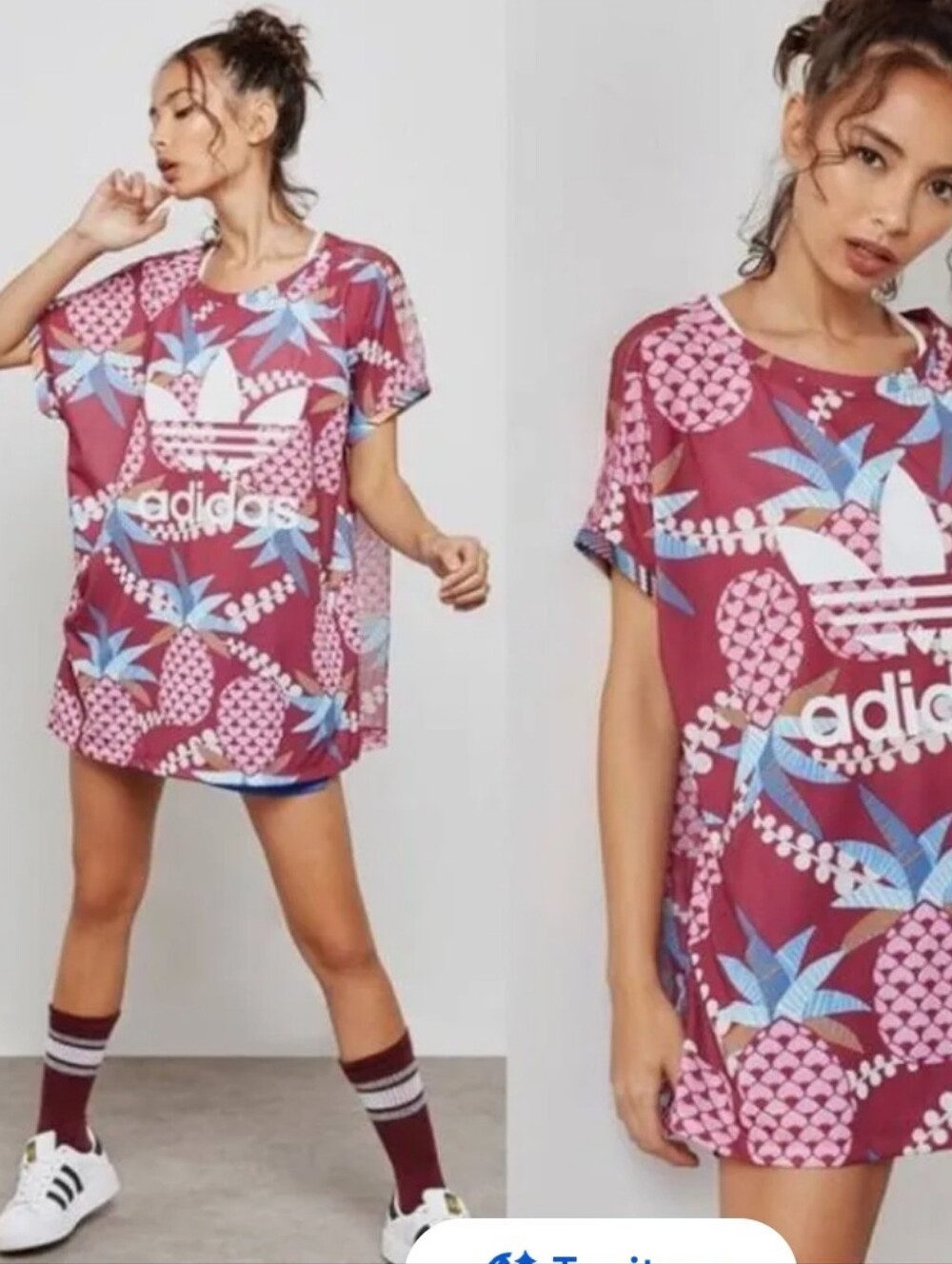 adidas X Farm Burgundy and Pink Pineapple Oversize Graphic Tee Size Medium